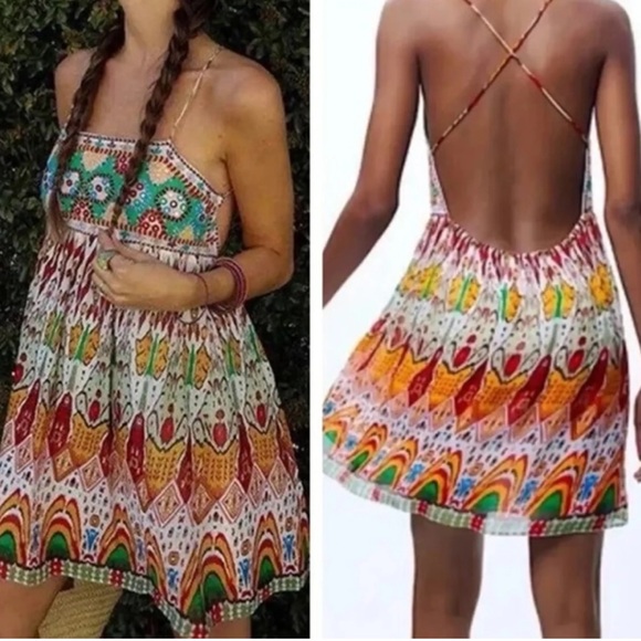 Zara Embroidered Beaded Mini Dress. Size large - Picture 3 of 6